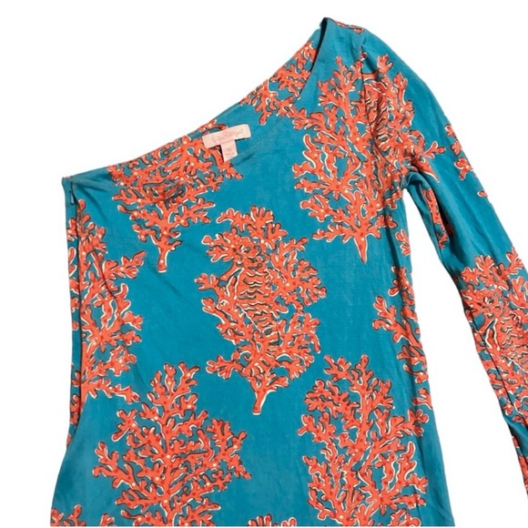 LILLY PULITZER Turquoise Coral Siesta One Sleeve Silk Blend Dress XS - Picture 3 of 10